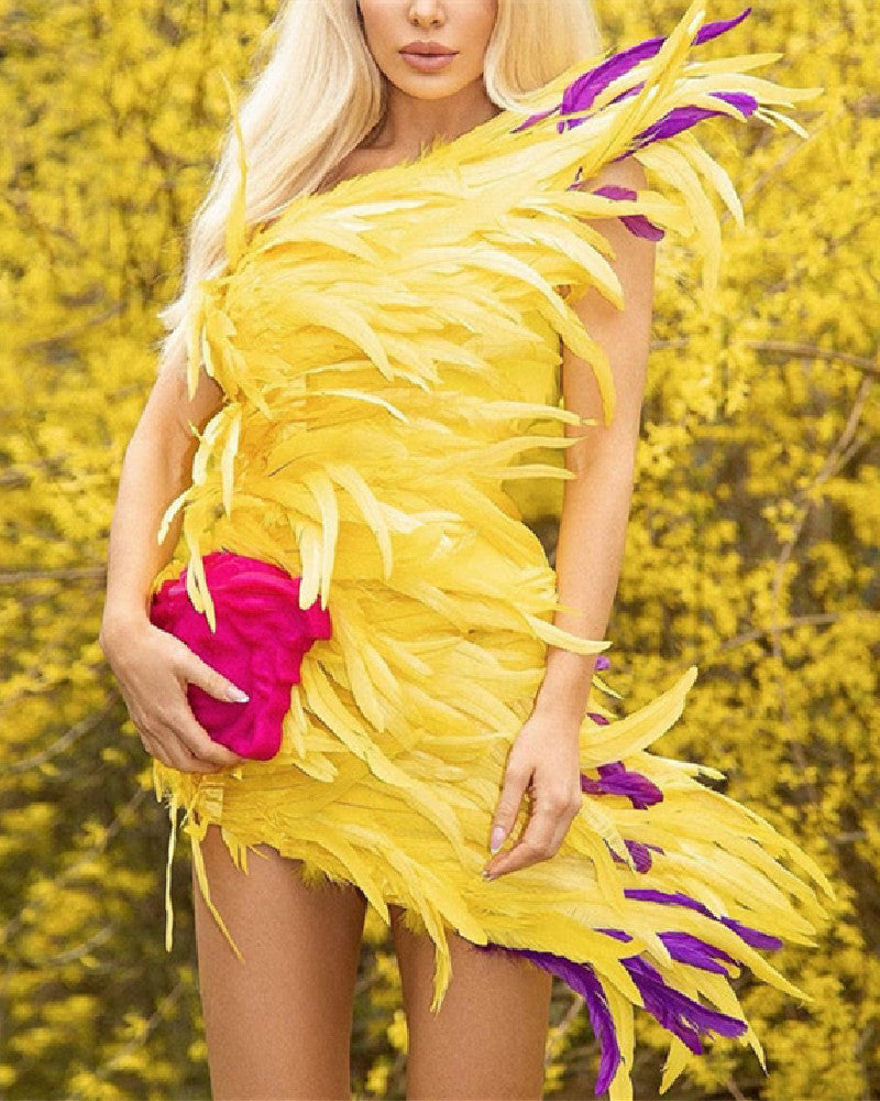 Yellow Feather Sleeveless Dress