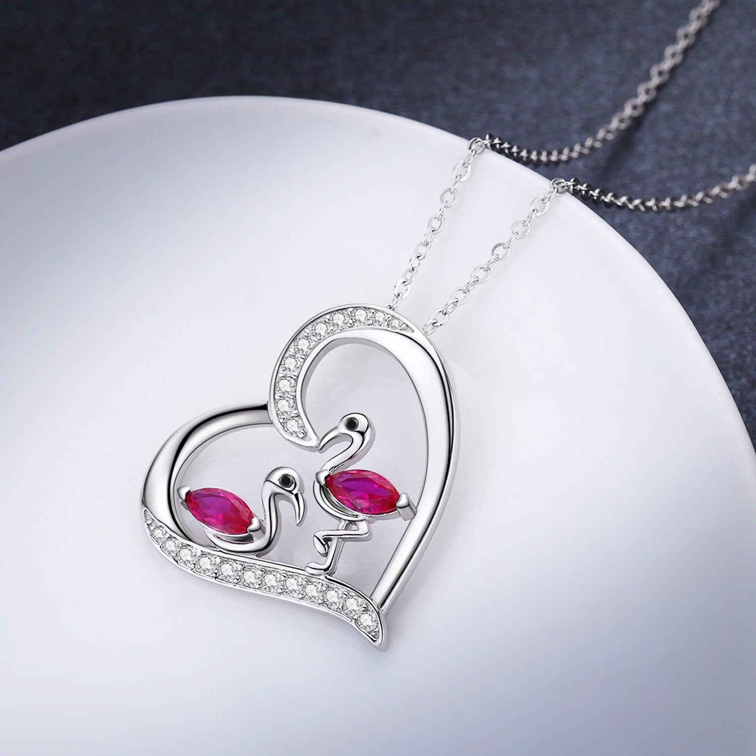 Sterling Silver Heart Flamingo Necklace