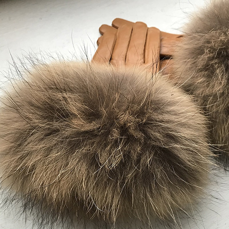 Genuine Leather Fur Gloves Femme