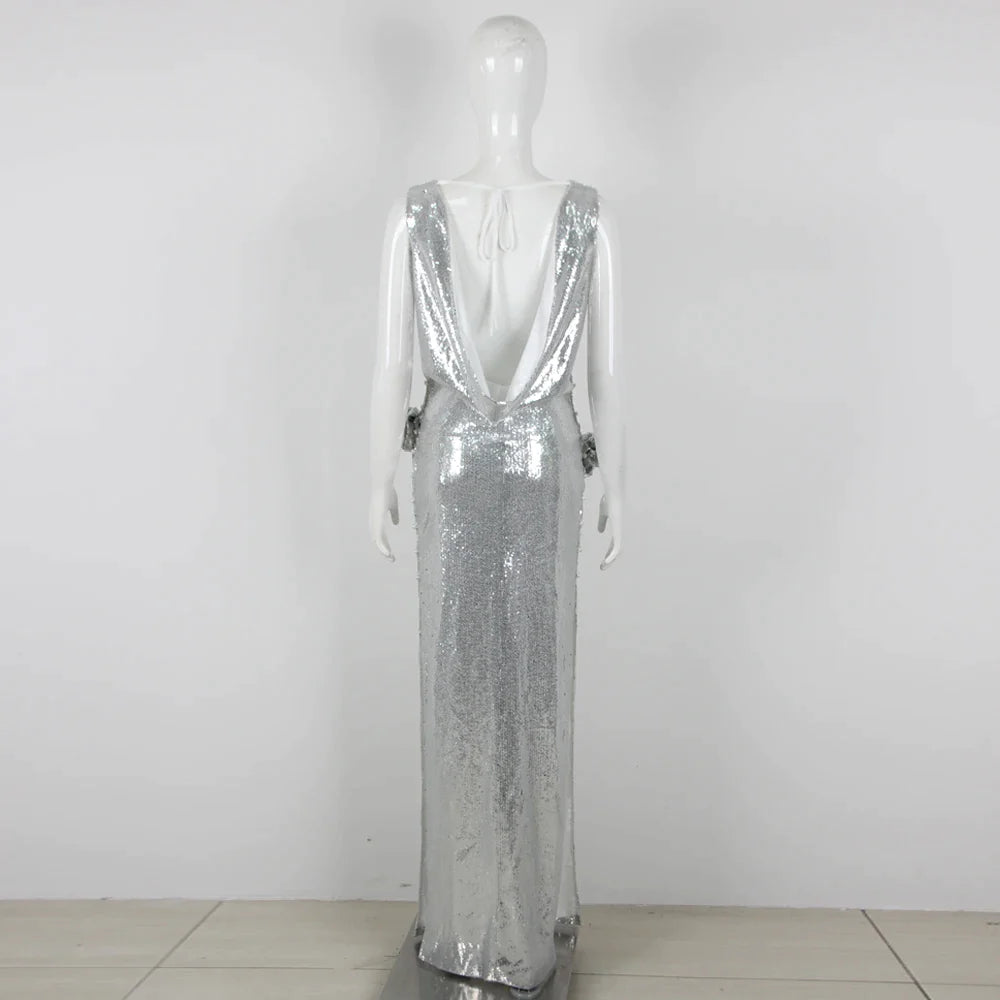 Trend4us Silver Sequined Formal Gown