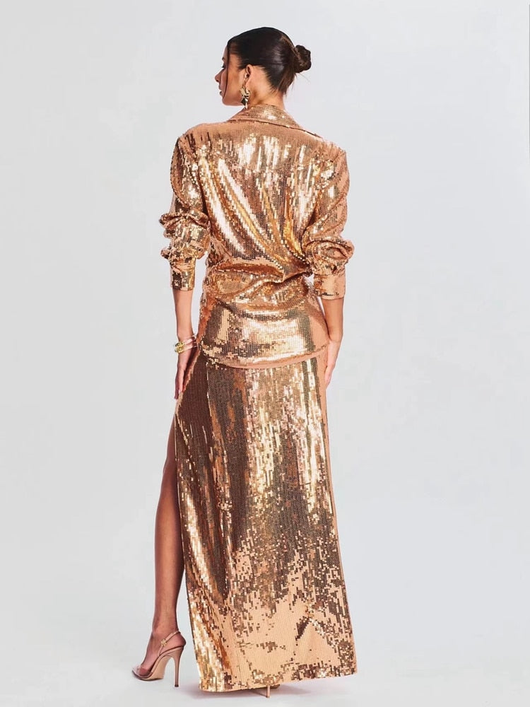 Golden Sequin Luxury Skirt Set