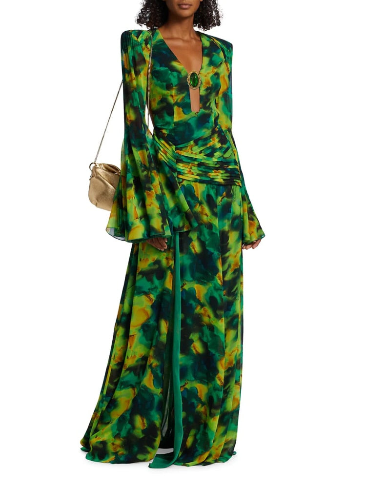 Forest Backless Long Sleeve Maxi Dress