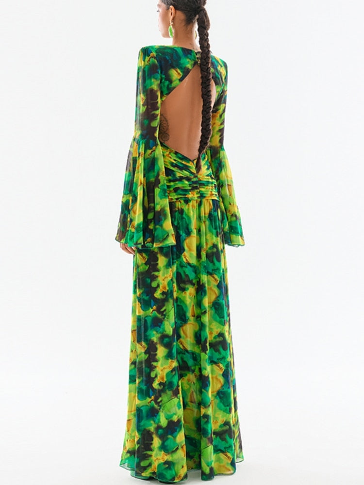 Forest Backless Long Sleeve Maxi Dress