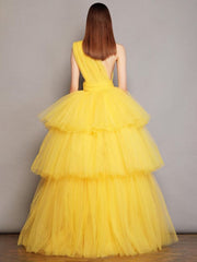 One Shoulder Luxury Evening Dress in Yellow