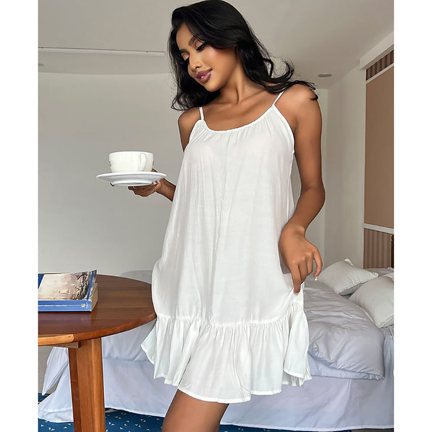 Sexy Backless White Suspender Short Dress With Ruffles For Women's Home Wear Nightgown Loose Casual Dress Pullover SummerChristmas Gifts