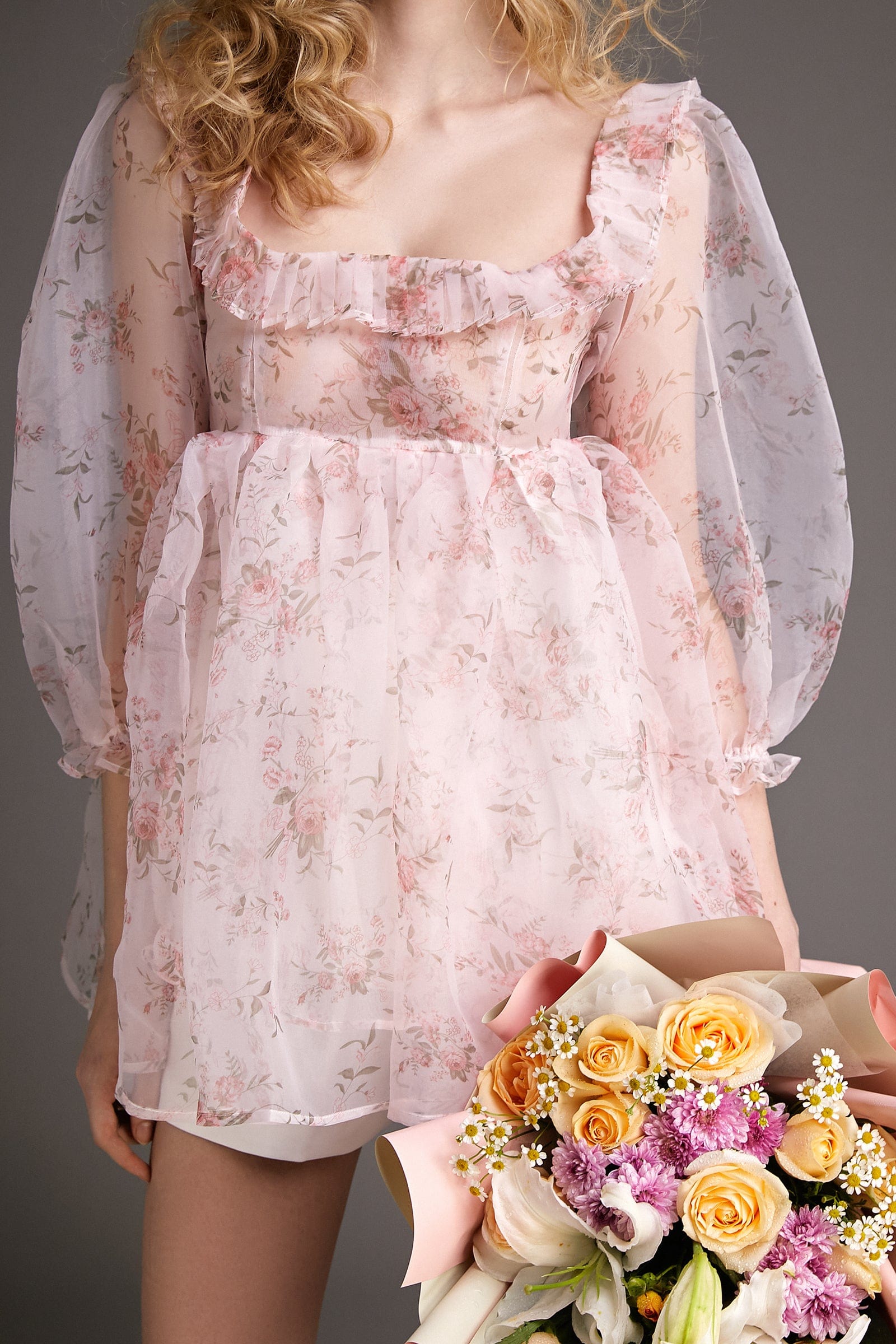 - Pink Puff Sleeve Floral Print Organza Babydoll Mini Dress