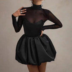 Mesh Splice Long Sleeve Bud Dress For Women Turtleneck High Waist Folds Mini Dress Elegant Black Gown Sexy See Through