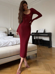 TRAUXY Sexy Hollow Knitted Dress For Women Long Sleeve Plunge Crocheted High Street Angora Red Bodycon Dress Lady Autumn Fashion