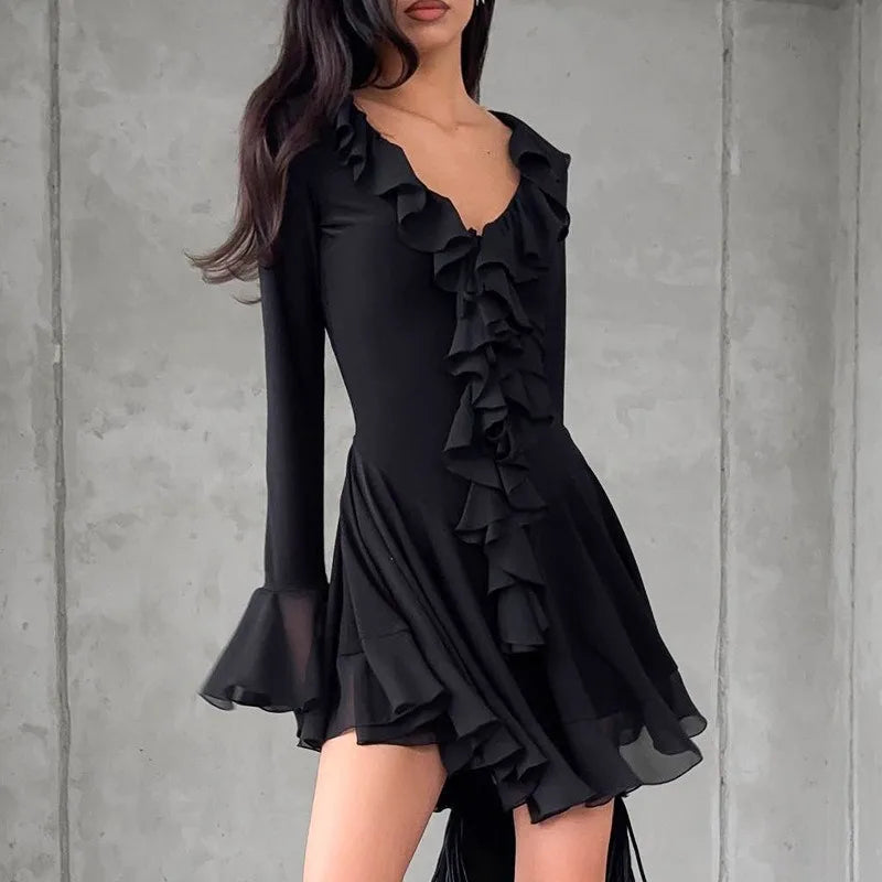 Sexy V-Neck Ruffle Mini Dress Women's Elegant Ruffle Sleeve Patchwork Pleated Short Dress High Waist Pullover Mini Dress