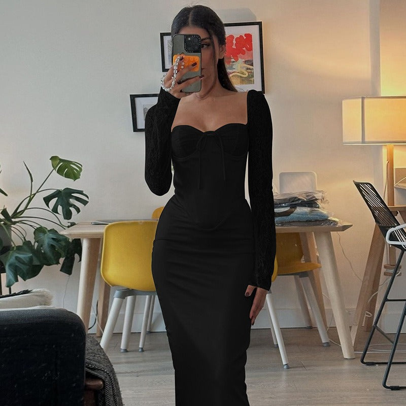 Lace Backless Evening Gown Women's Elegant Slim Fit Lace Up Patchwork Long Sleeve Maxi Dress Luxury Party Dress Vestidos