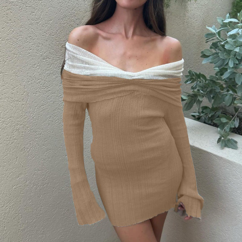 Sexy One-Shoulder Color Block Knitted Dress Female Long-Sleeved Slim Thin Sweater Mini Dress Backless Party Club OutfitsChristmas Gifts