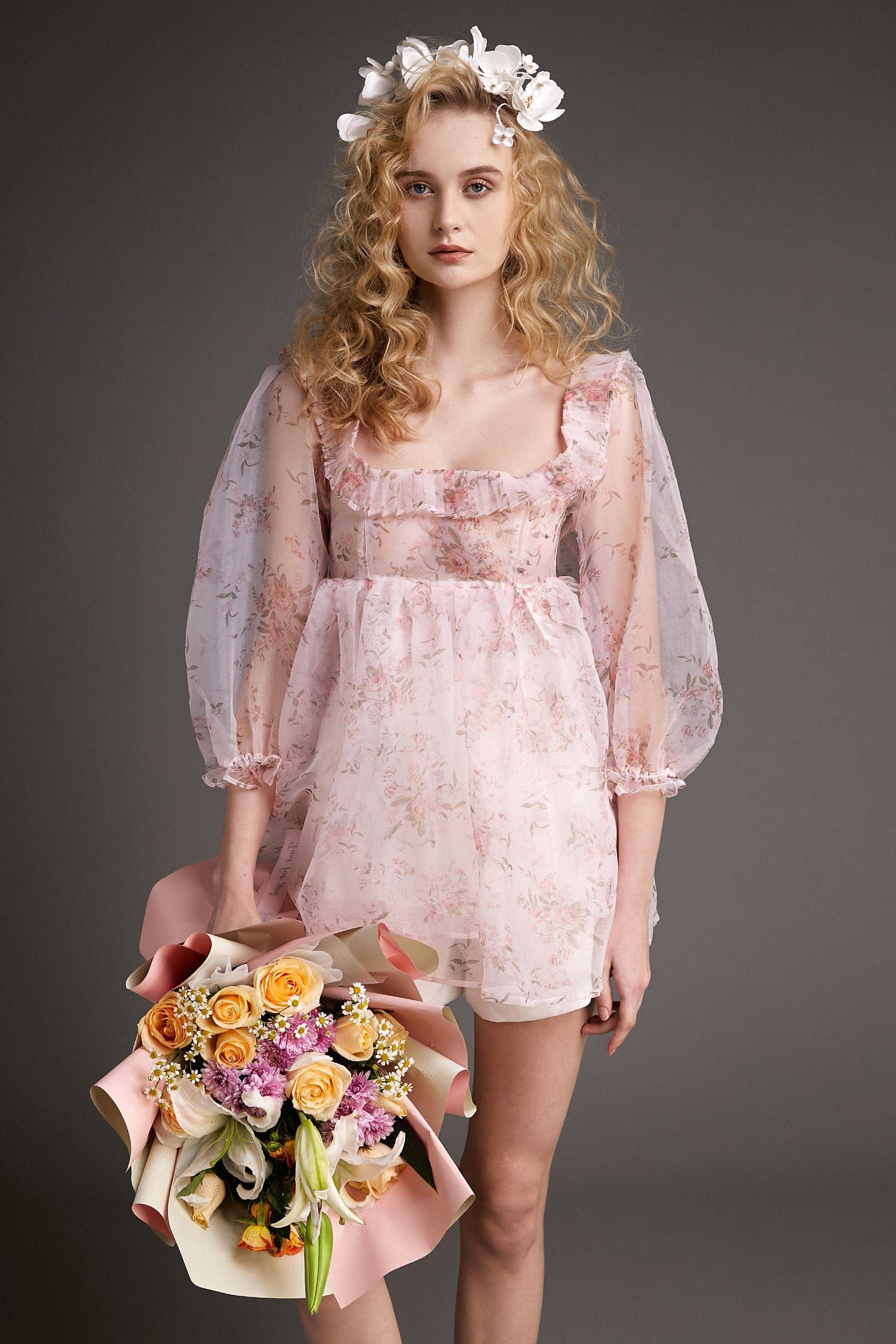 - Pink Puff Sleeve Floral Print Organza Babydoll Mini Dress