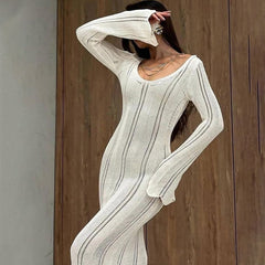 Knitted Backless Long Dress Women's High Waisted V-Neck Bodycon Party Club Dress Elegant Slim Resort Long Dress Female