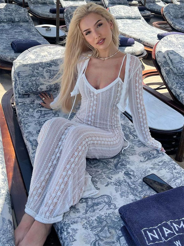 Lace Dress Sets Women Bodycon Long Sleeve Cover-up Ladies Split V Neck Slim High Waist Dresses For Woman Summer Casual