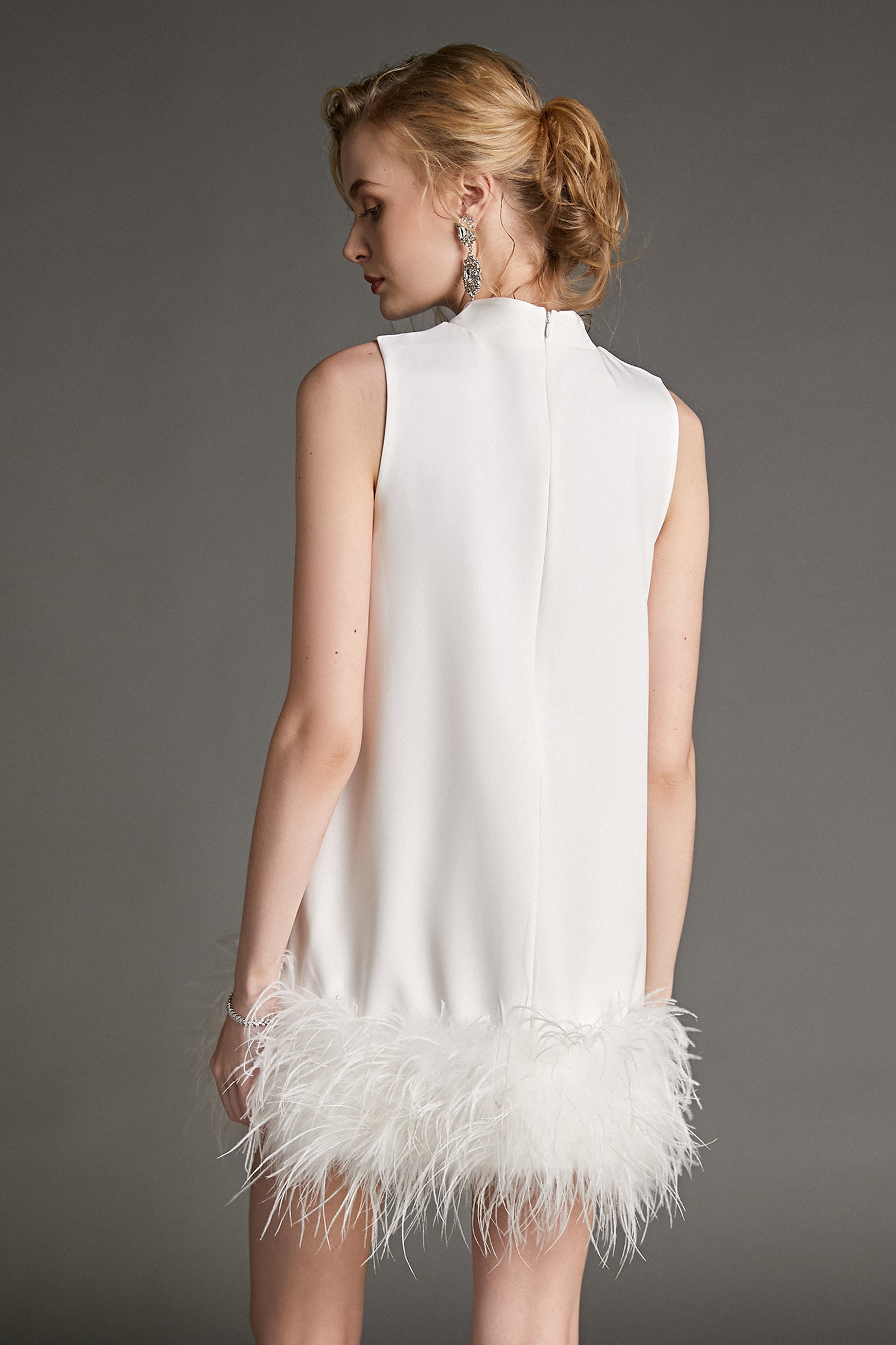 - White Sleeveless Mock Neck Feather-Trimmed Mini Dress