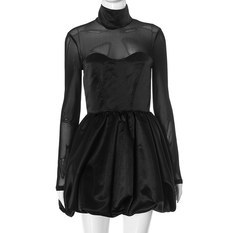 Mesh Splice Long Sleeve Bud Dress For Women Turtleneck High Waist Folds Mini Dress Elegant Black Gown Sexy See Through