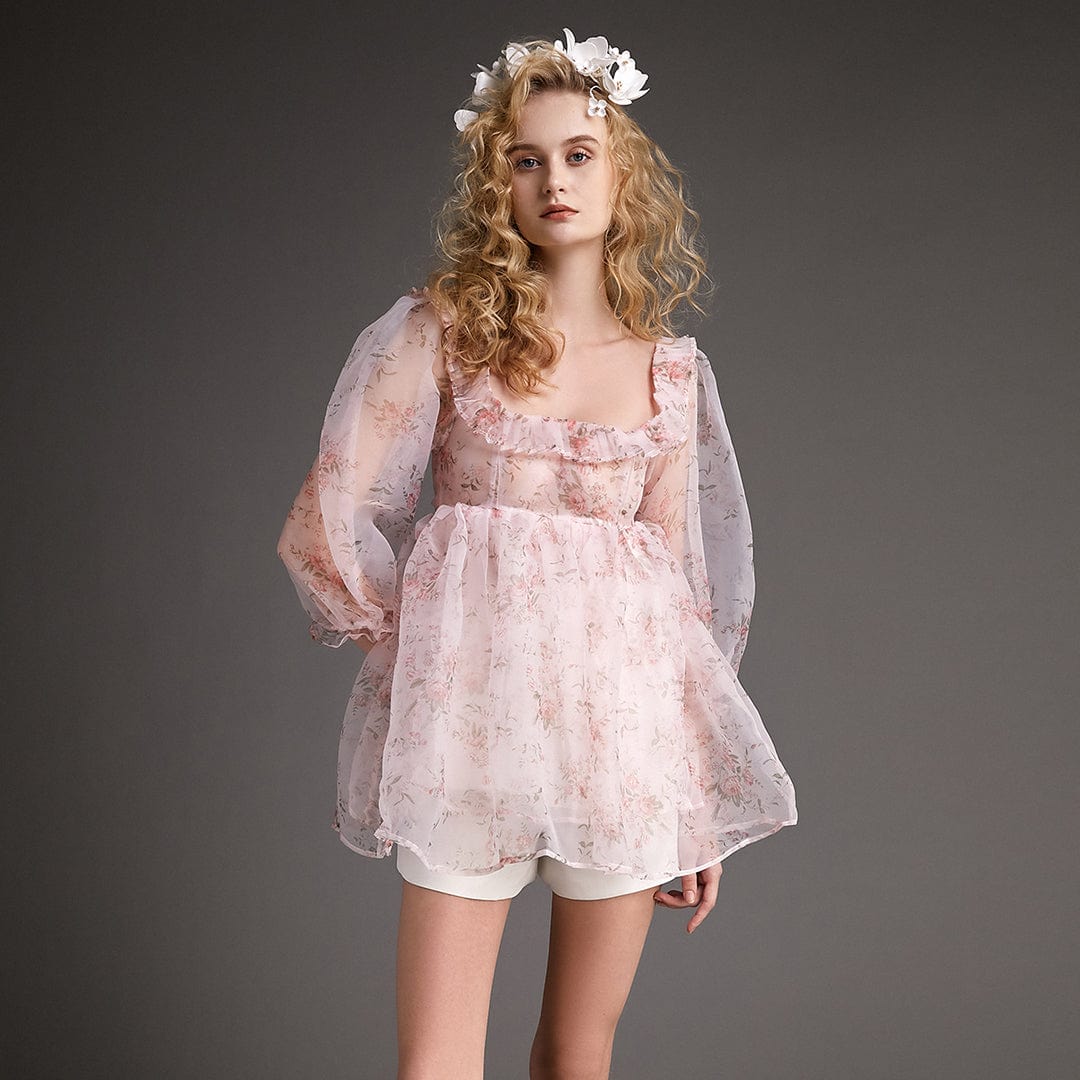 - Pink Puff Sleeve Floral Print Organza Babydoll Mini Dress