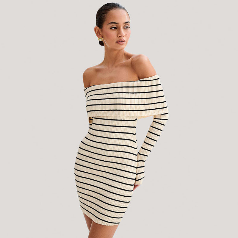 Beach Vacation Strapless Striped Long Sleeve Knitwear Dresses One-Shoulder Female Slim Fit Casual Short Dresses Summer