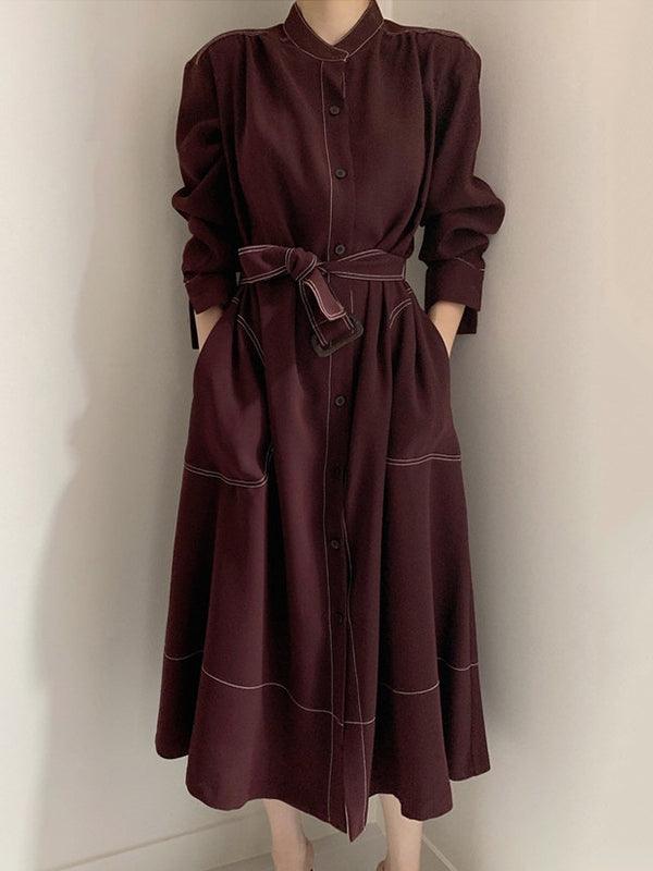 2024 New Fashion Elegant Stand Collar Single Loose Tie Trench Dress