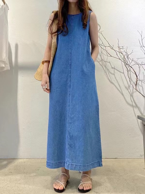 2024 New Fashion Elegant Simple Backless Loose Denim Dress