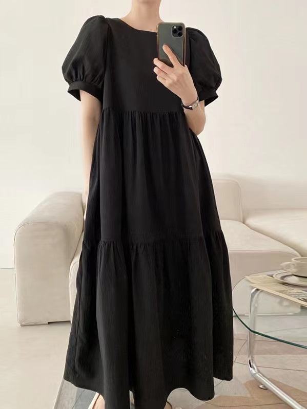 2024 New Fashion Elegant Simple Round Neck Loose Puff Sleeve Pleated Dress