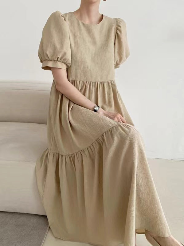 2024 New Fashion Elegant Simple Round Neck Loose Puff Sleeve Pleated Dress