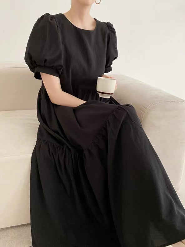 2024 New Fashion Elegant Simple Round Neck Loose Puff Sleeve Pleated Dress