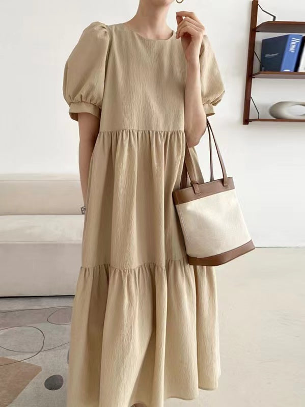 2024 New Fashion Elegant Simple Round Neck Loose Puff Sleeve Pleated Dress