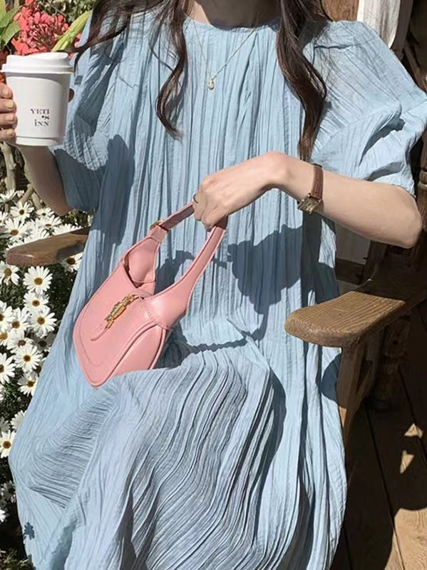 2024 New Fashion Elegant Round Neck Pleated Solid Balloon Sleeve Dress