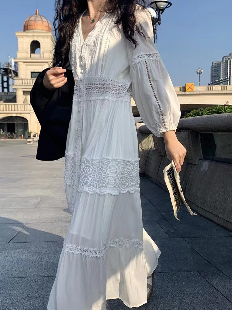 2024 New Fashion Elegant Long Gentle V-neck Lace Dress