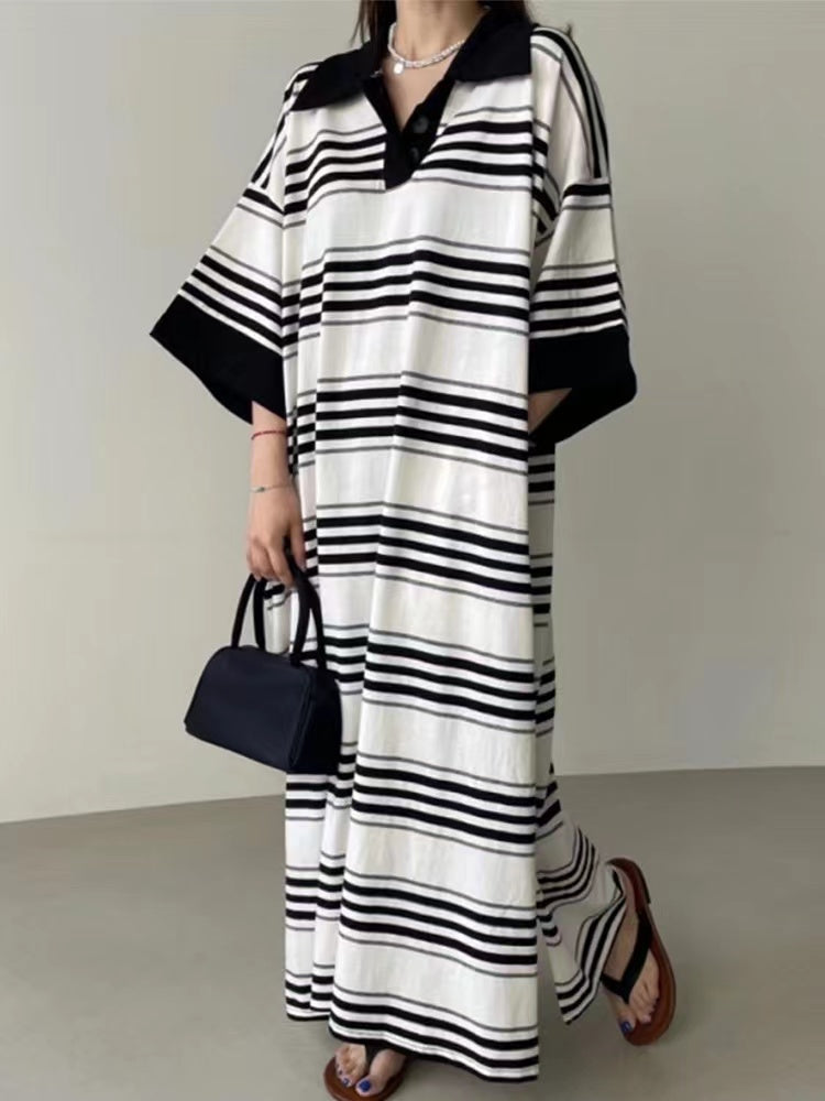 2024 New Fashion Elegant Loose Striped Long Polo Dress