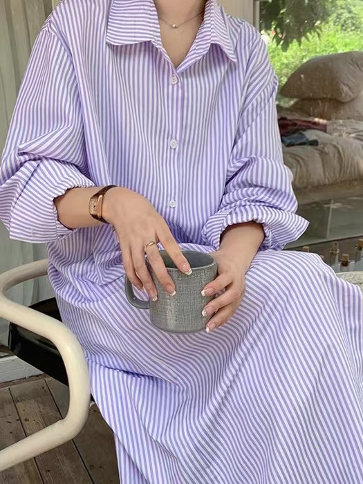 2024 New Fashion Elegant Simple Stripe Lapel Collar Long Shirt Dress