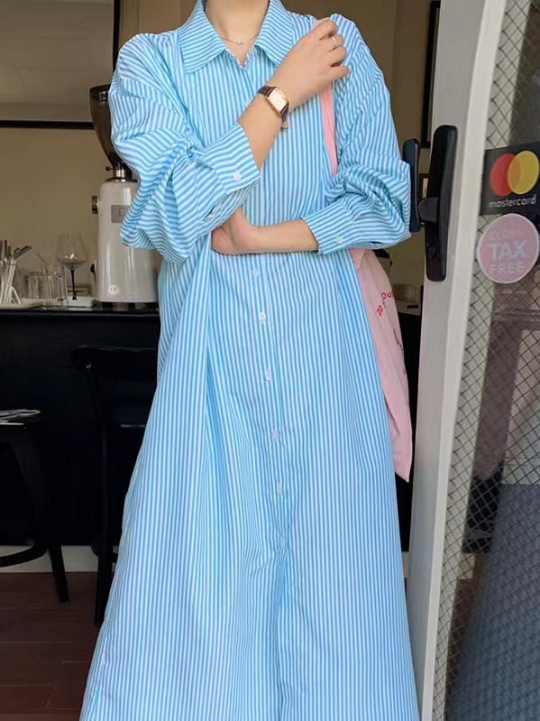 2024 New Fashion Elegant Simple Stripe Lapel Collar Long Shirt Dress