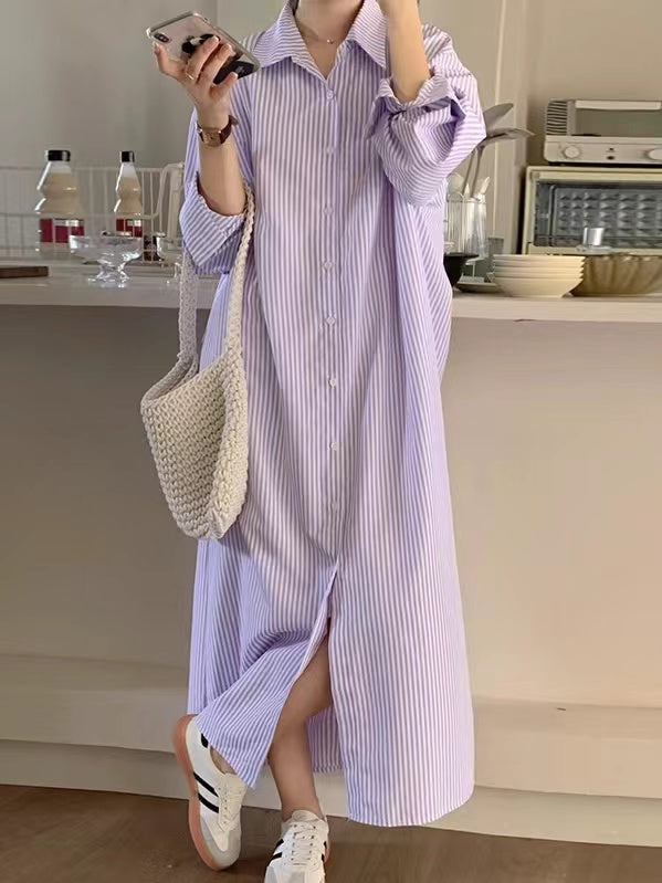 2024 New Fashion Elegant Simple Stripe Lapel Collar Long Shirt Dress