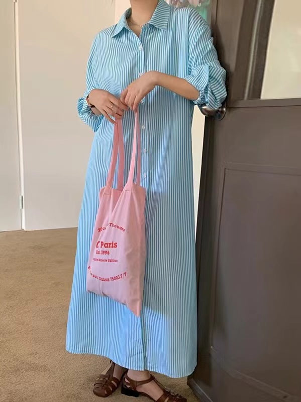 2024 New Fashion Elegant Simple Stripe Lapel Collar Long Shirt Dress