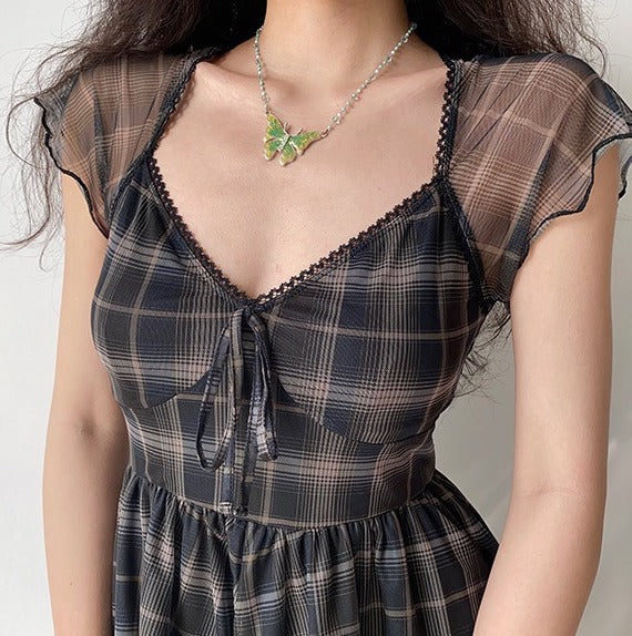 Ifomat Gloria Plaid Mesh Romper Dress