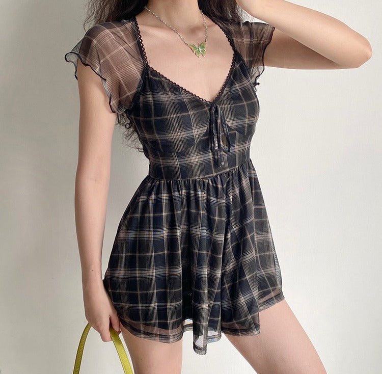 Ifomat Gloria Plaid Mesh Romper Dress