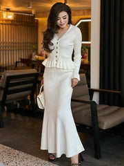 Ruffle Slim Knitted Dress Women's V Neck Long Sleeve Mermaid Long Dresses Elastic Button Patchwork Elegant Party Dress