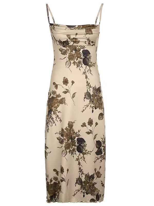 2024 New Fashion Elegant Vintage Printed Pleated Slip Dress