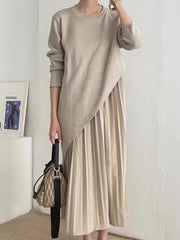2024 New Fashion Elegant Lrregular Knitted Sweater + Pleated Suspender Dress 2-Pieces Set