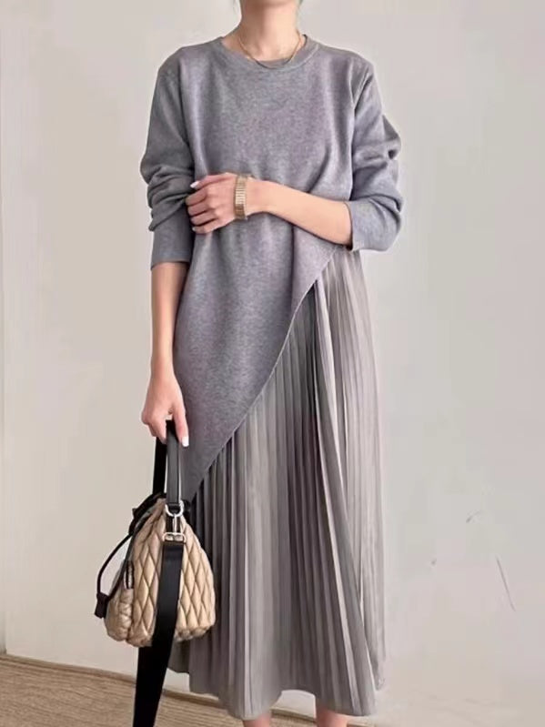 2024 New Fashion Elegant Lrregular Knitted Sweater + Pleated Suspender Dress 2-Pieces Set
