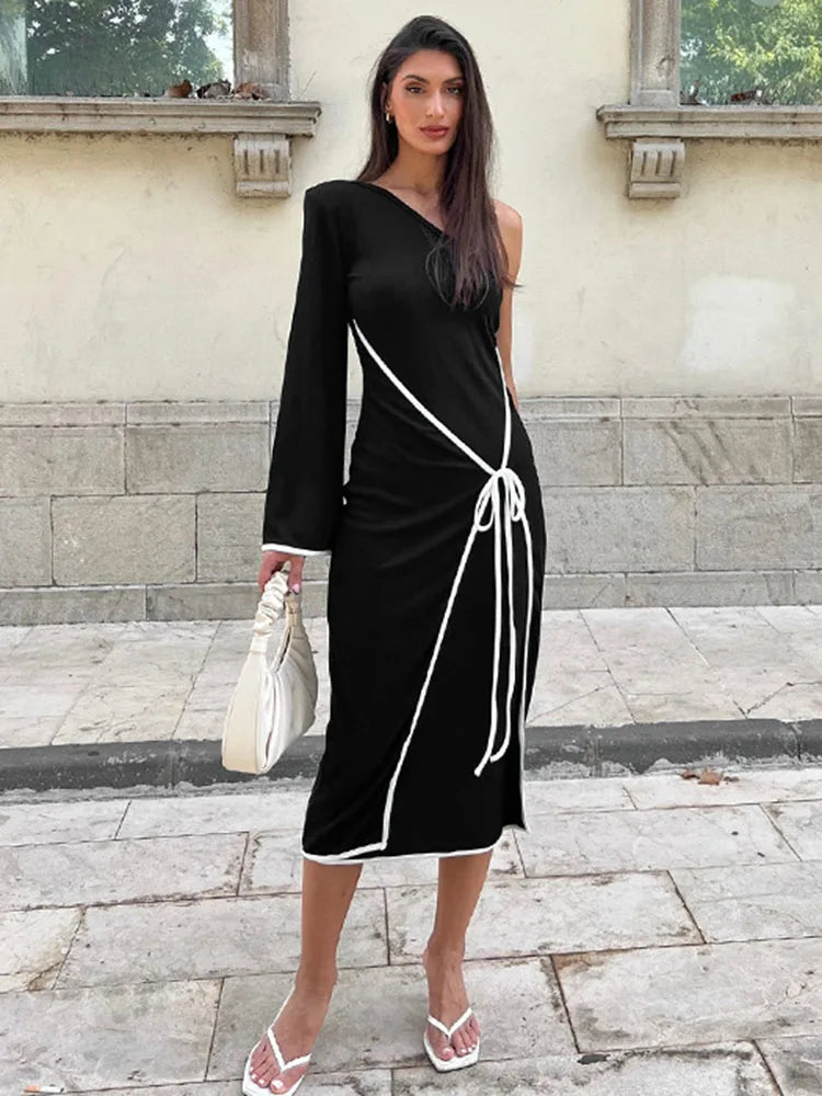 One-shoulder Contrast Lace Up Long Dress Women's Fashion Long Sleeve Bodycon Outfits Irrgular Splice Holiday Party Dress