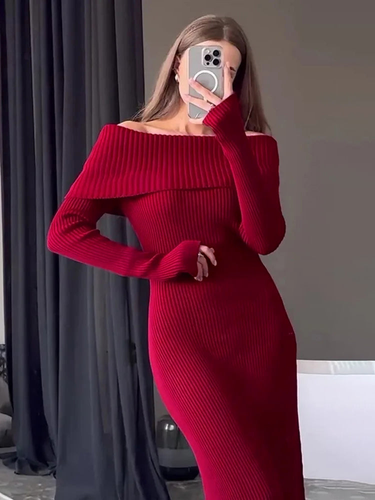 Fashion Knit Long Dress Off-Shoulder Female Ribbed Loose High Waist Elegant Autumn Party Dress Ladies Knitwear Maxi DressChristmas Gifts