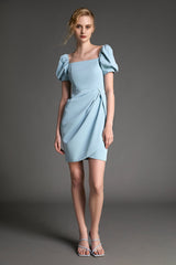 - Light Blue Square Neck Puff Sleeve Mini Dress