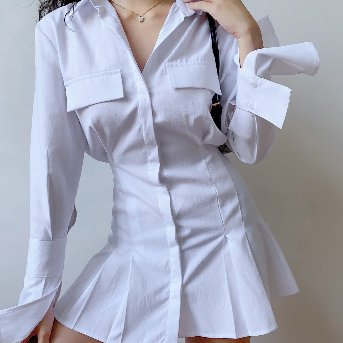 Ifomat Trumpet Sleeve Button Up Dress