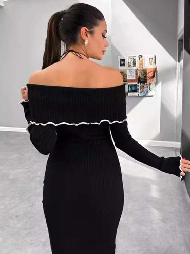 Fall Winter Sexy One-Shoulder Long Knit Dress Slim Elegant Fungus Splice Contrast Color Sweater Female Club Party DressesChristmas Gifts