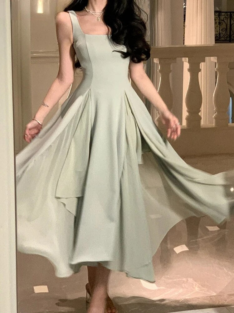 Ruffles Midi Dresses Summer New Women French Elegant Square Neck Evening Party White Vestidos Fashion Princess Birthday Clothes