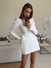 Square Collar Long Sleeve Mini Dress For Women Ruched Elegant Bodycon Office Lady Outfits Pockets Splice Dress Spring NewChristmas Gifts