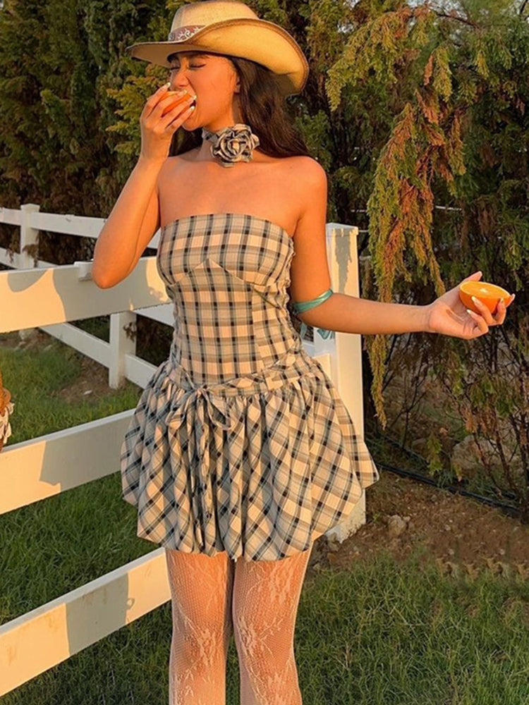 Fashion Retro Tube Top Floral Plaid Print Strap Bud Dress For Women Folds Hem Splice Mini Dress Sweet Party Dress FemaleChristmas Gifts