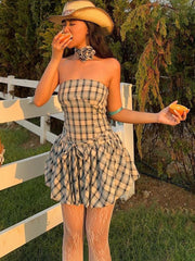 Fashion Retro Tube Top Floral Plaid Print Strap Bud Dress For Women Folds Hem Splice Mini Dress Sweet Party Dress FemaleChristmas Gifts